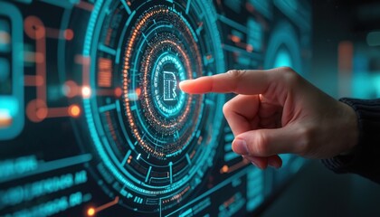 Human finger touching futuristic interface with digital data, holographic elements. Concept modern tech, innovative interface design. Biometric data, network security, AI, augmented reality.