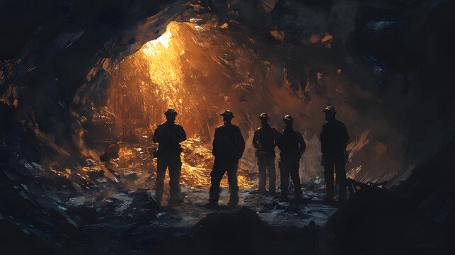 A group of miners stand together, looking at a freshly discovered vein of gold deep within the mine.