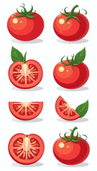 cartoon vegetable set sliced tomatoes leaves white background illustrations