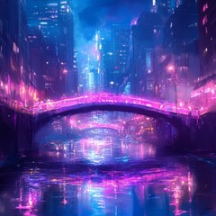 Obraz premium a glowing neon bridge over a serene river, vibrant reflections on the water, calm and magical atmosphere, futuristic urban scene