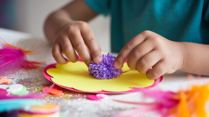 Close-up of child's hands crafting, placing purple yarn pom-pom on yellow paper, surrounded by colorful glitter, feathers, and foam shapes, showcasing creativity and childhood activities