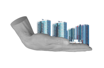 Man holding model of a modern real estate development, property purchase, and urban growth.