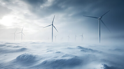 A group of wind turbines scattered across a snow-covered plain, with a dramatic winter storm approaching in the distance.