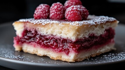 Delicious layered cake slice topped with fresh raspberries and powdered sugar.  A close-up view of a piece of sweet pastry with a visible layer of fruit filling and a light-colored cake base. 