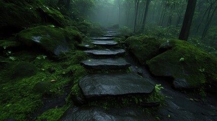 Misty mountain path steps through moss-covered forest