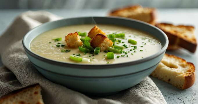 Bowl of delicious potato soup featuring leek on the table