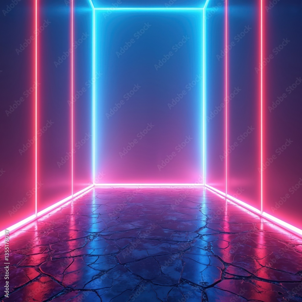 Poster neon light background with glassy material pattern. blue shining glowing accents shimmering effect g