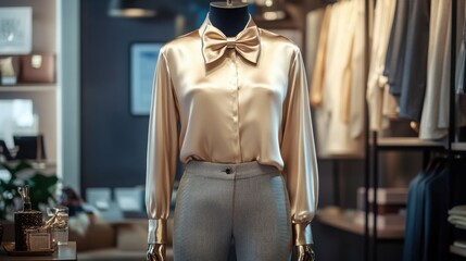 Fototapeta premium A luxurious women silk blouse with a bow tie collar, paired with tailored trousers and heels, displayed in a chic boutique