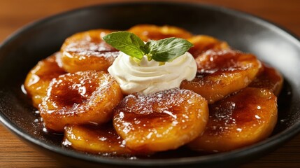 Delicious Caramelized Bananas with Cream on a Black Plate Garnished with Fresh Mint Leaves
