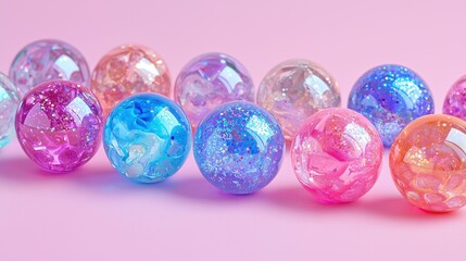 Colorful spheres roll on pink; playful backdrop