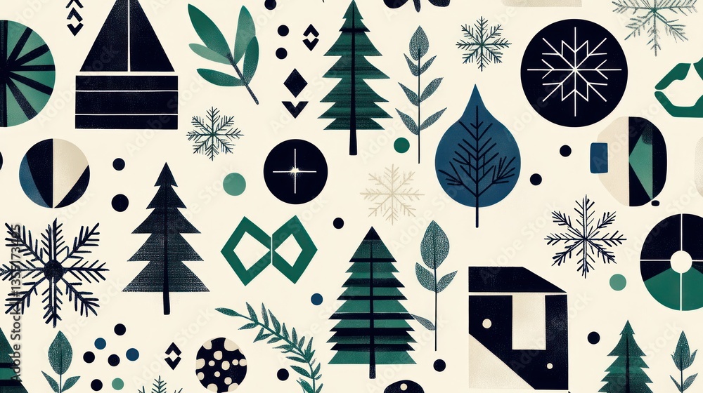 Poster abstract winter pattern with geometric shapes and evergreen trees.