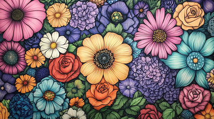 Vibrant floral illustration featuring a dense arrangement of various flowers in diverse colors and styles.