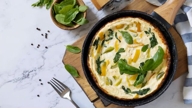 Delicious spinach omelette cooking in a skillet with fresh herbs and ingredients