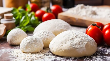 Freshly prepared dough balls on a rustic wooden table with tomatoes and herbs in the background : Generative AI