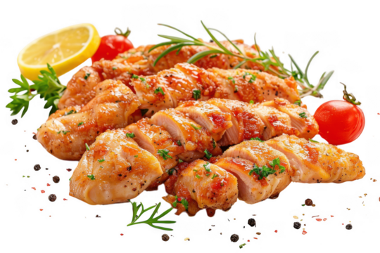 Sliced grilled chicken with lemon and tomato isolated on transparent background