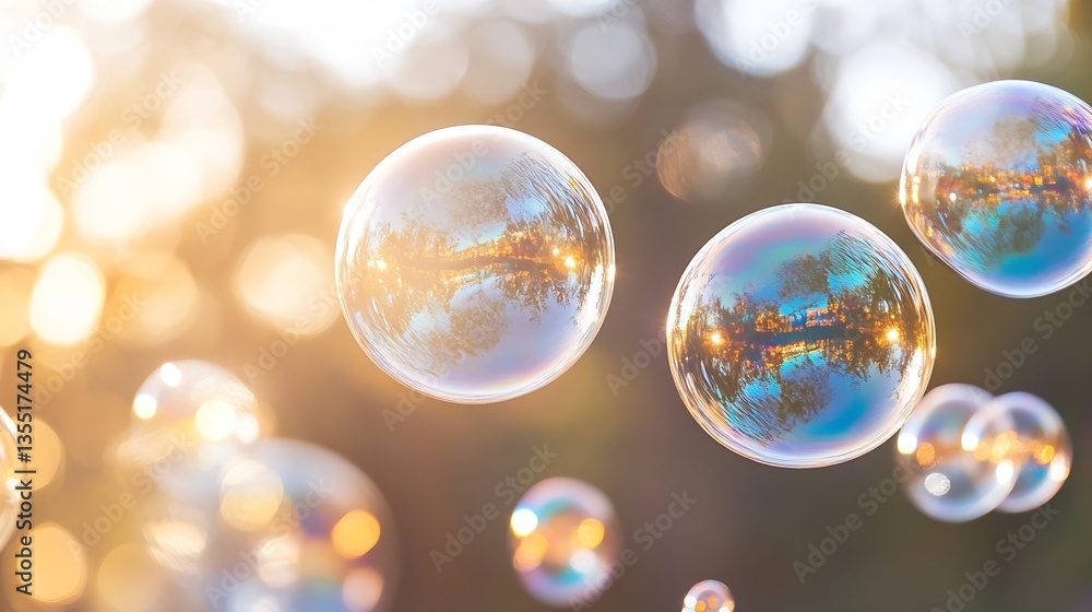 Poster delicate soap bubbles floating gracefully in a sunlit park filled with vibrant colors : generative a