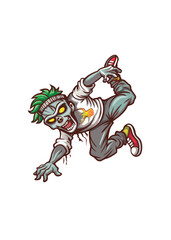 A decaying zombie breakdancer executes a dynamic mid-spin, showcasing impressive agility despite decomposition.  Detailed, realistic depiction.