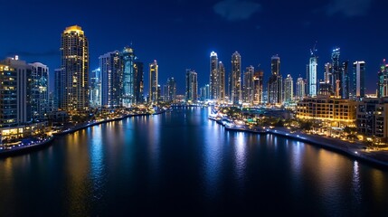 Obraz premium Tętniąca życiem nocna panorama miasta z olśniewającymi światłami i odbiciami nad spokojną rzeką : Generative AI