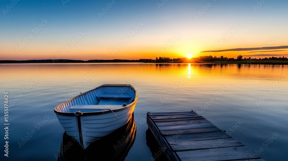 Poster serene sunset over a calm lake with a small rowboat moored by a wooden dock in a tranquil outdoor se