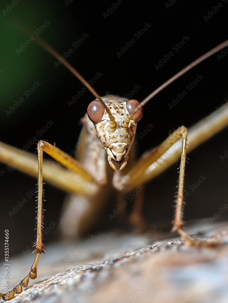 Poster Closeup of a detailed mantis showcasing its intricate features while staring intently at the camera : Generative AI