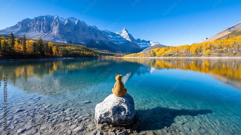 Aufkleber stunning view of a mountain landscape with a bear on a rock by a serene lake surrounded by autumn co