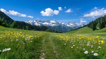 Scenic Landscape featuring Majestic Mountains and Vibrant Wildflowers Under a Clear Blue Sky : Generative AI