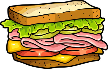 Club Sandwich with Ham, Cheese, Lettuce, Tomato, Pickles and Toasted Bread. Vector Hand Drawn Illustration Isolated On Transparent Background
