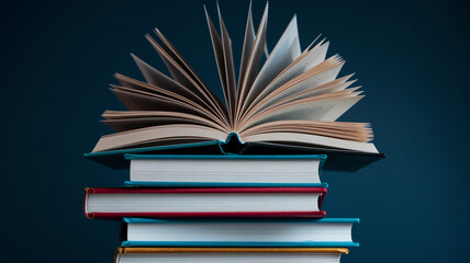 Open book atop stack of books, pages fanned, showcasing knowledge, education, and reading, representing learning and literacy, ideal for academic or library concepts