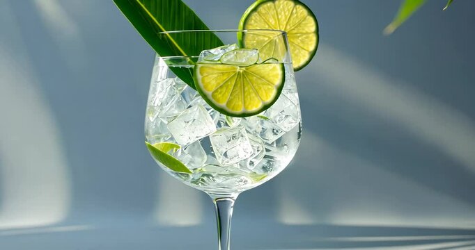 Asian gin and tonic beverage for lifestyle creation. Summer cocktail concept backdrop. Gin tonic refreshment with lime wedge and banana leaf. Cocktail served in wine glass with palm leaf silhouette.