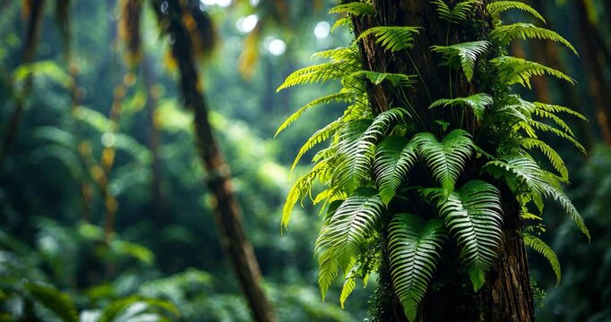 Asplenium nidus epiphytic tropical fern growing on tree trunk