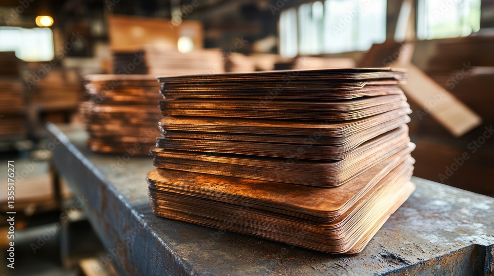 Poster stacked square copper sheets in workshop.