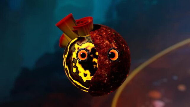 Seamless loop featuring a unique 3D character with a lava-like texture and glowing, rose-shaped protrusions on its head. Its large, expressive eyes add a touch of personality to this fantastical, rob
