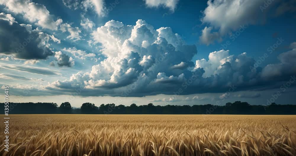 Poster a field of tall grass under a mostly cloudy sky with some blue patches in the background.