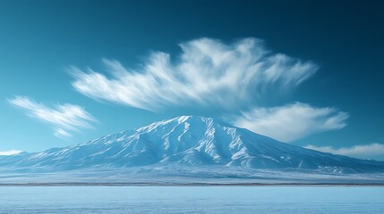 Snow-capped mountain under a vibrant blue sky with unique cloud formations.