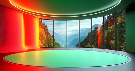 Stylish virtual studio TV show background, suitable for live events or TV news shows. 3D rendered backdrop for VR tracking systems, with green screen.