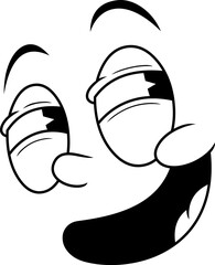 Outlined Relaxed Retro Cartoon Face with Sleepy Eyes and Wide Smile. 30s 50s 60s Vintage Animation Character