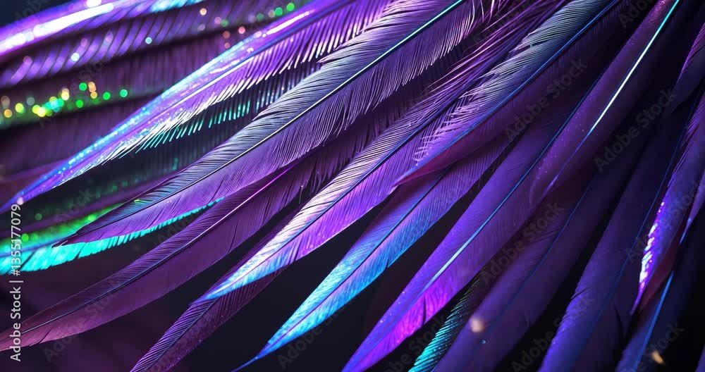 Poster purple colored light of bird feather. stunning background texture pattern for design. macro photogra