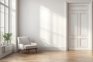 Elegant, sunlit, minimalist room with a single chair