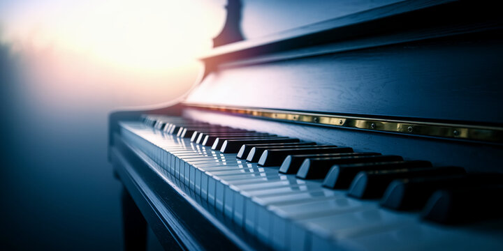 Close-up of grand piano keys and body, dark blue hue, backlit by warm light, suggesting music, artistry, and elegance