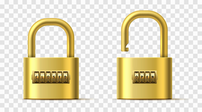 Realistic gold open and closed code lock on transparent background. Spinning reels with password word letters. Combination padlock. Passcode encryption. 3D interlock mechanisms vector set