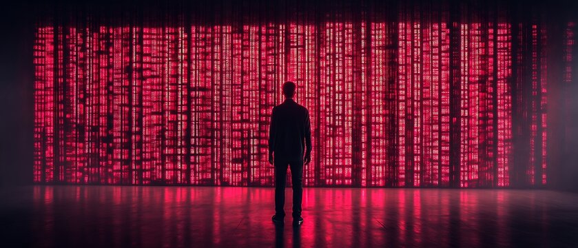 Man facing a large wall of red digital code.