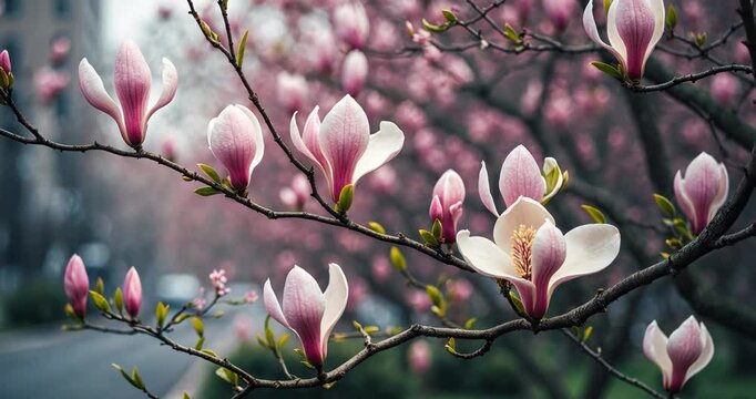 Branch of Magnolia tree adorned with blooms that emit their sweet floral lemony fragrance. The rich scent wafts through the warmth, captivating towns.