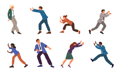 Men and women pushing in different poses. People press with efforts. Strength action. Hard work. Persons pulling and prodding blocks. Power and persistence. Vector move positions set