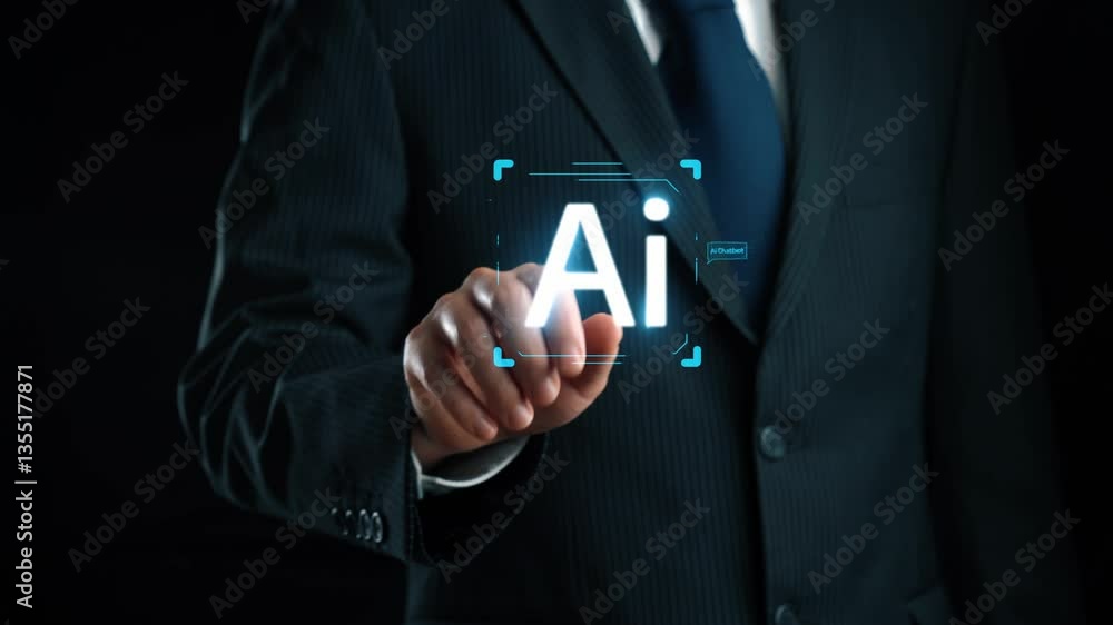 Poster human interact with ai artificial intelligence virtual assistant chatbot in concept of ai artificial
