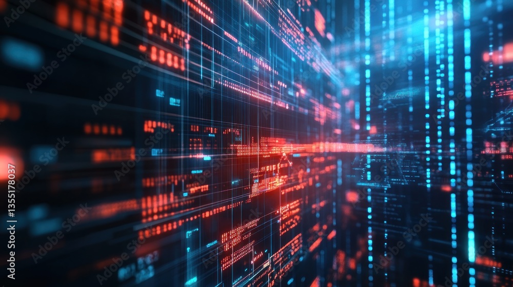 Poster abstract digital data stream, red and blue binary code flowing in cyberspace
