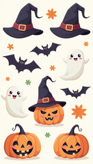 halloween elements include hats ghosts bats cute pumpkins various