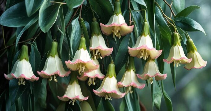 Brachychiton populneus, Bottle tree or Kurrajong with bell-shaped flowers in close view. It is a tree that occurs naturally during summer.