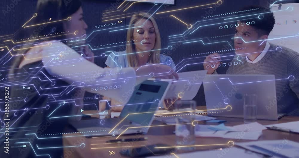 Poster collaborating at table, business team with animation of digital network connections