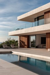 Modern villa with a swimming pool and lounge chairs on the terrace.