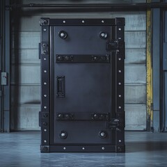 a heavy-duty black vault-style safe with reinforced hinges, standing in a high-security room, bold and industrial atmosphere